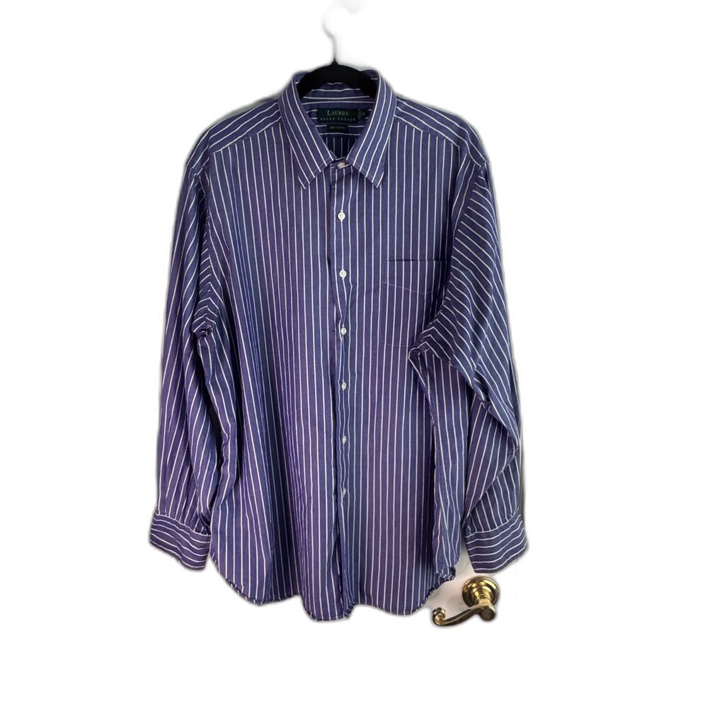 Lauren Ralph Lauren Mens 17.5 34/35 Blue White Striped 100% Cotton Dress Shirt